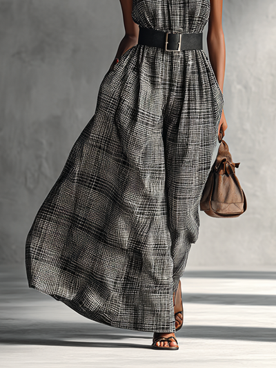Women's Plaid High Collar Sleeveless Belted Maxi Dress MDA1002G2Y