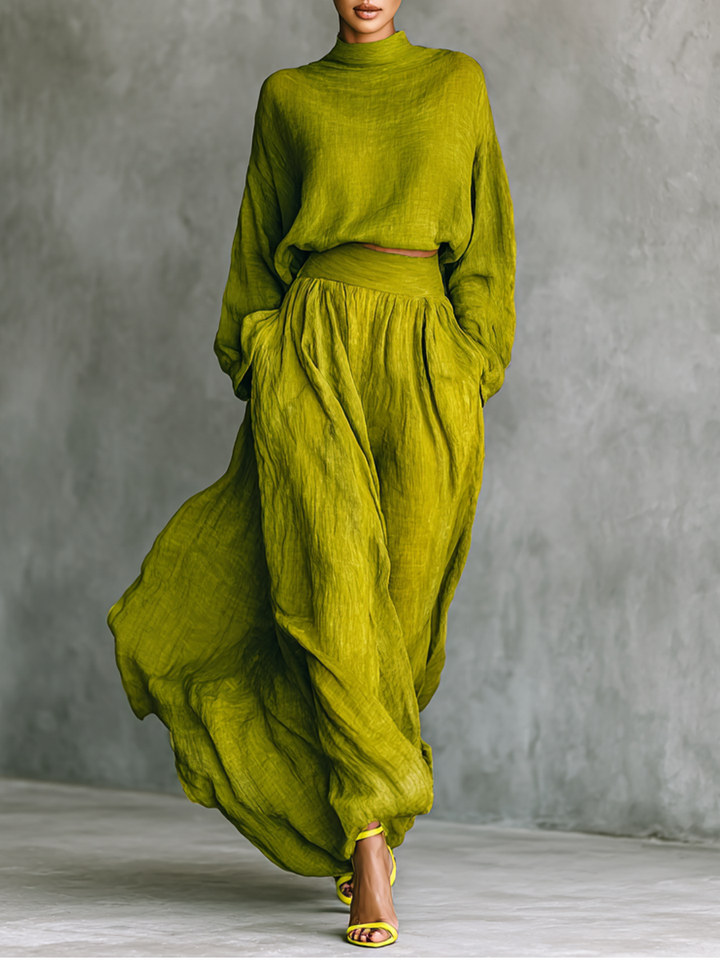 Women's Green Turtleneck Cotton And Linen Blend Suit