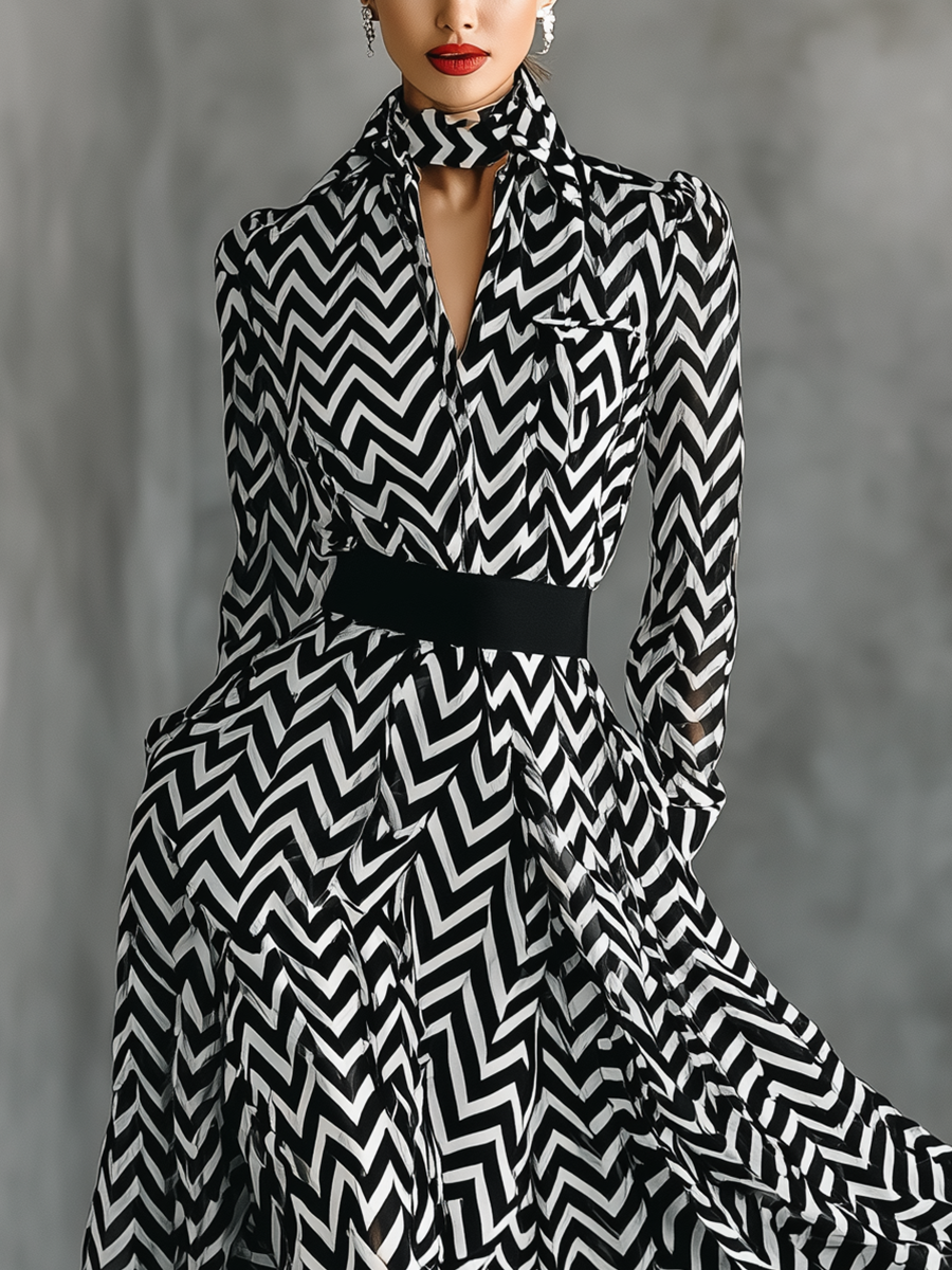 Women's Black And White Herringbone Chiffon Tie-Up Maxi Dress