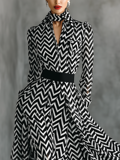 Women's Black And White Herringbone Chiffon Tie-Up Maxi Dress