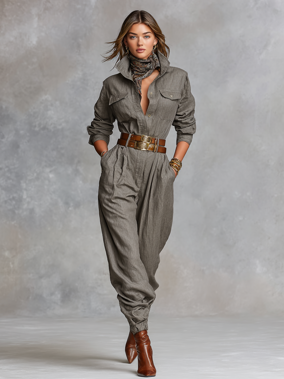 Women's Cotton And Linen Blended Long Sleeve Shirt Jumpsuit