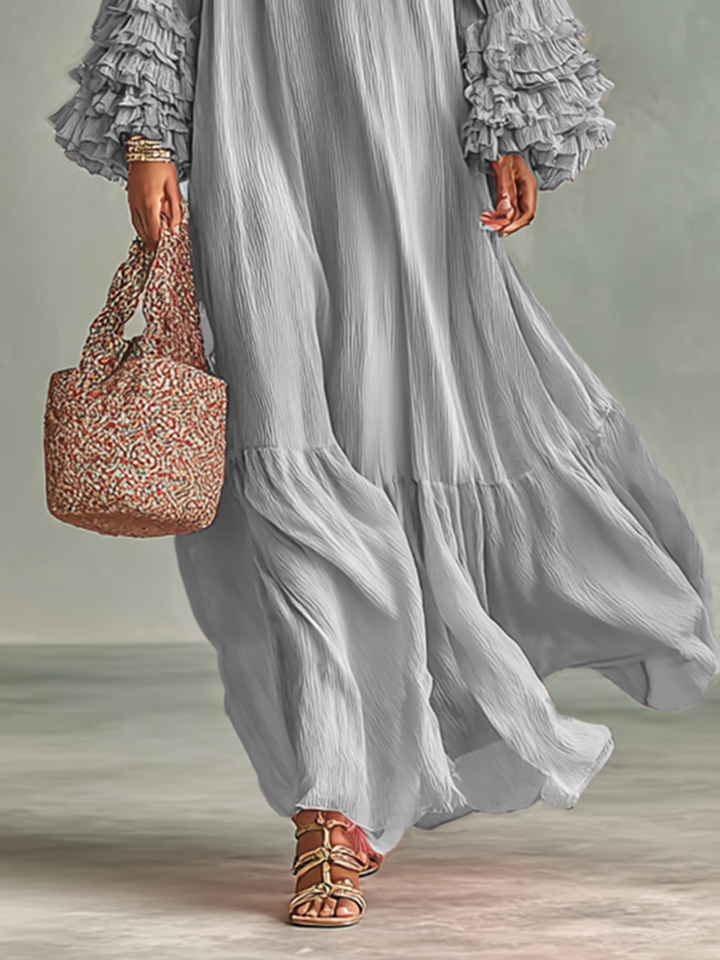 Women's Loose Pleated Chiffon Round Neck Long Sleeves Cuffs Ruffle Maxi Dress