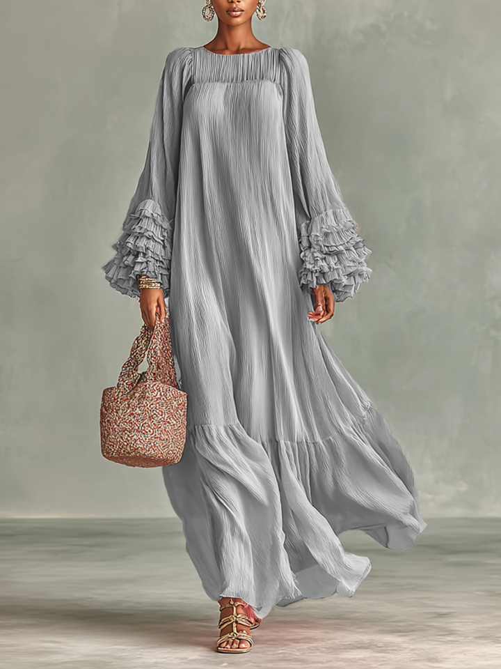 Women's Loose Pleated Chiffon Round Neck Long Sleeves Cuffs Ruffle Maxi Dress