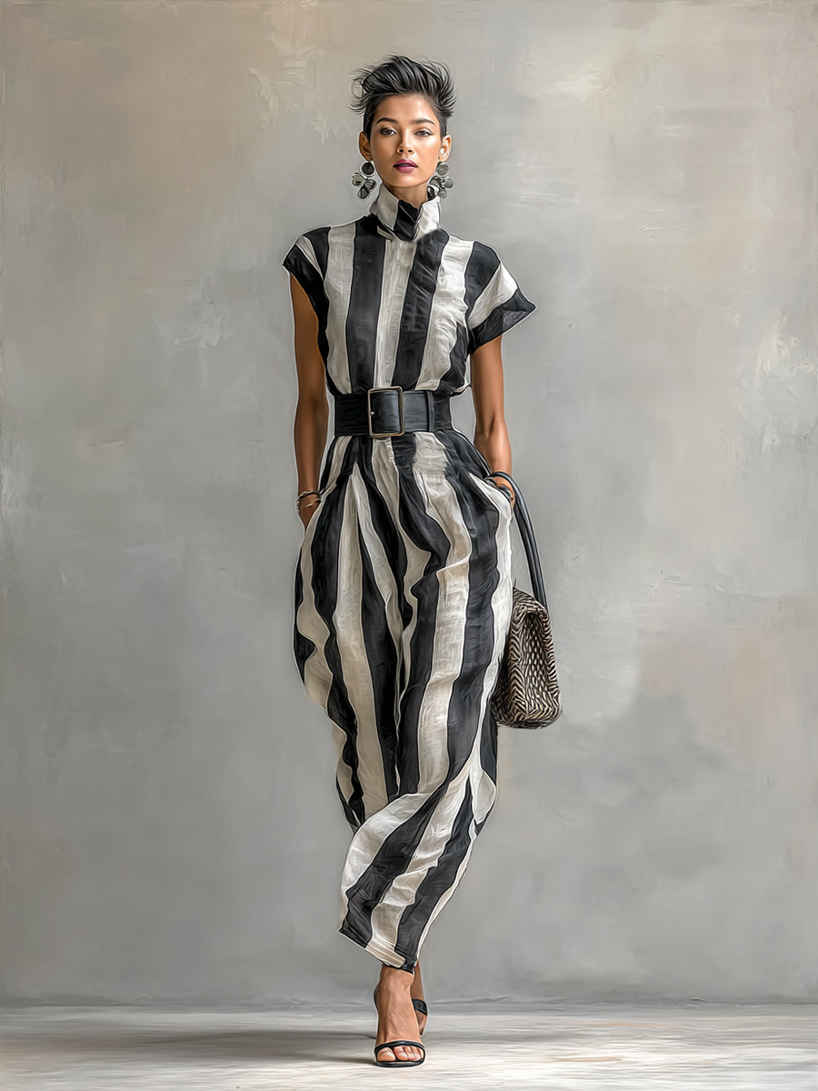 Women's High Collar Chiffon Short Sleeve Belt Maxi Dress