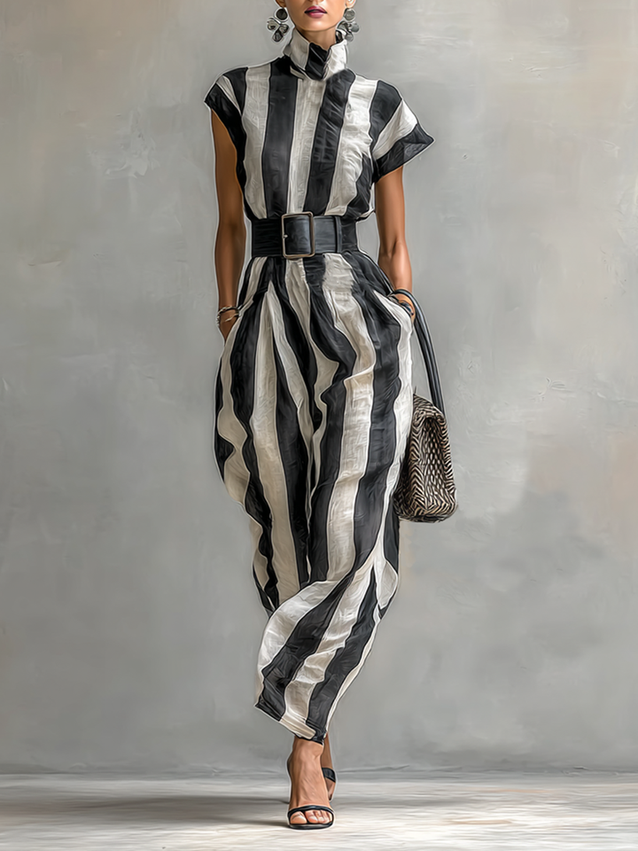 Women's High Collar Chiffon Short Sleeve Belt Maxi Dress