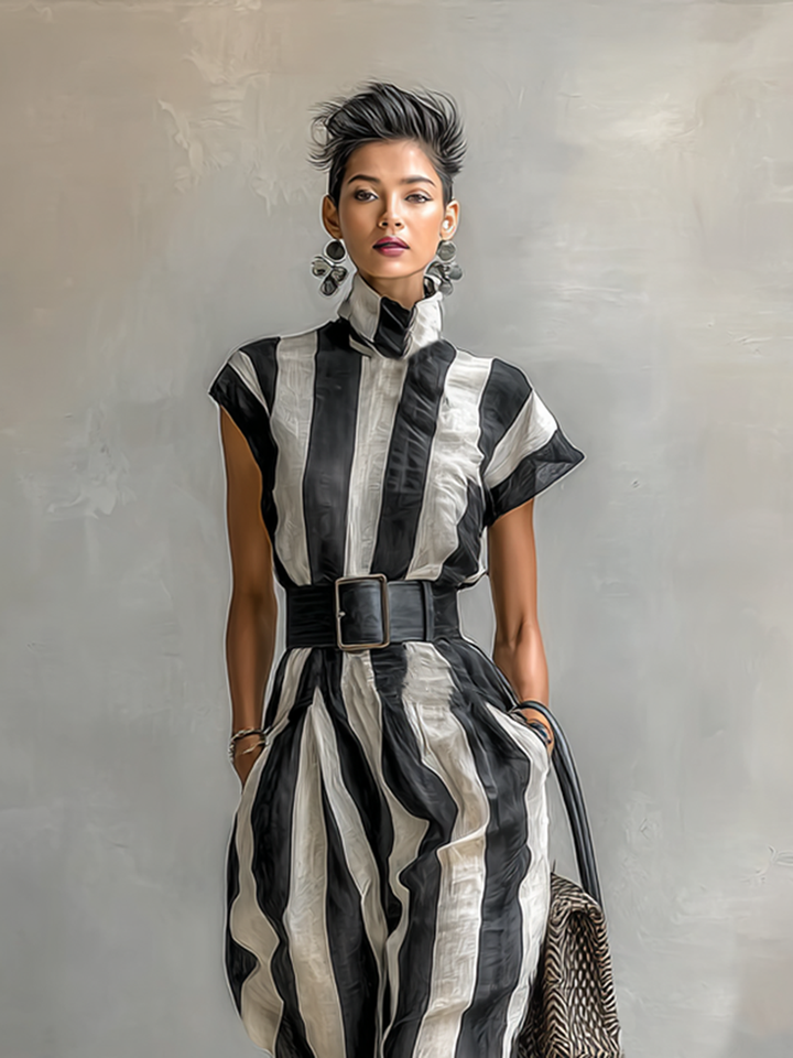 Women's High Collar Chiffon Short Sleeve Belt Maxi Dress