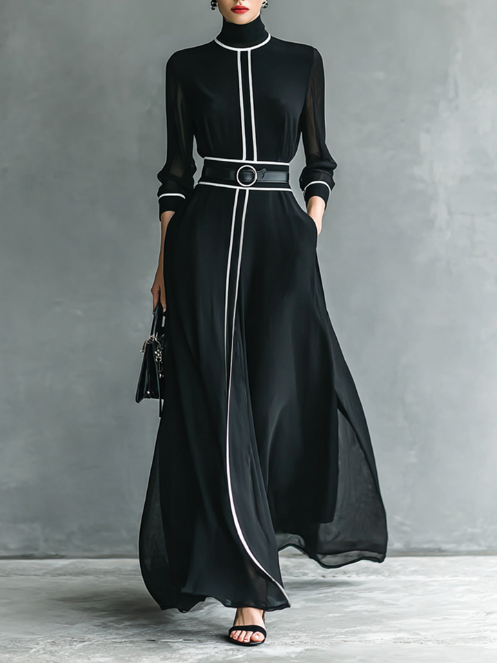 Women's Chiffon White Trim High Collar Long Sleeve Belt Maxi Dress