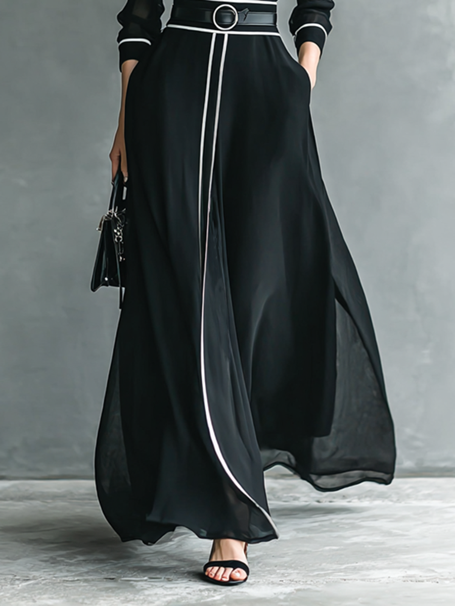 Women's Chiffon White Trim High Collar Long Sleeve Belt Maxi Dress