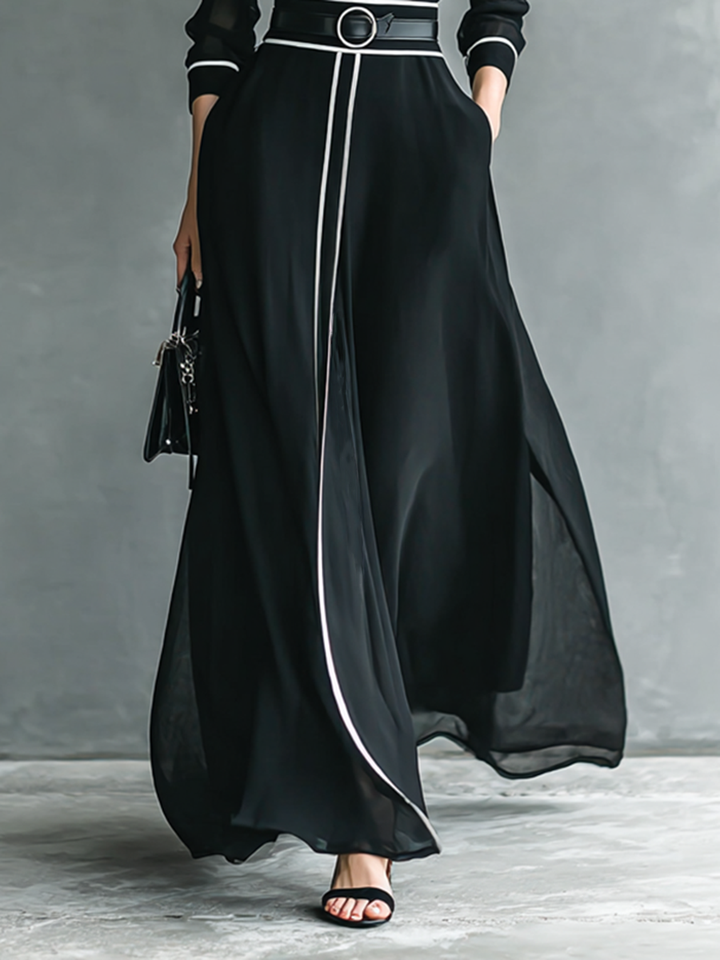 Women's Chiffon White Trim High Collar Long Sleeve Belt Maxi Dress
