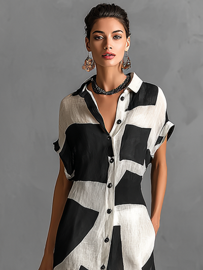 Women's Chiffon Irregular Geometric Print Lapel Single-Breasted Short-Sleeved Maxi Shirt Dress