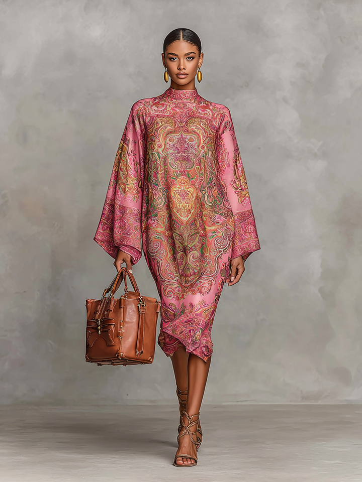 Women's Paisley Print Round Neck Trumpet Long Sleeve Loose Midi Dress