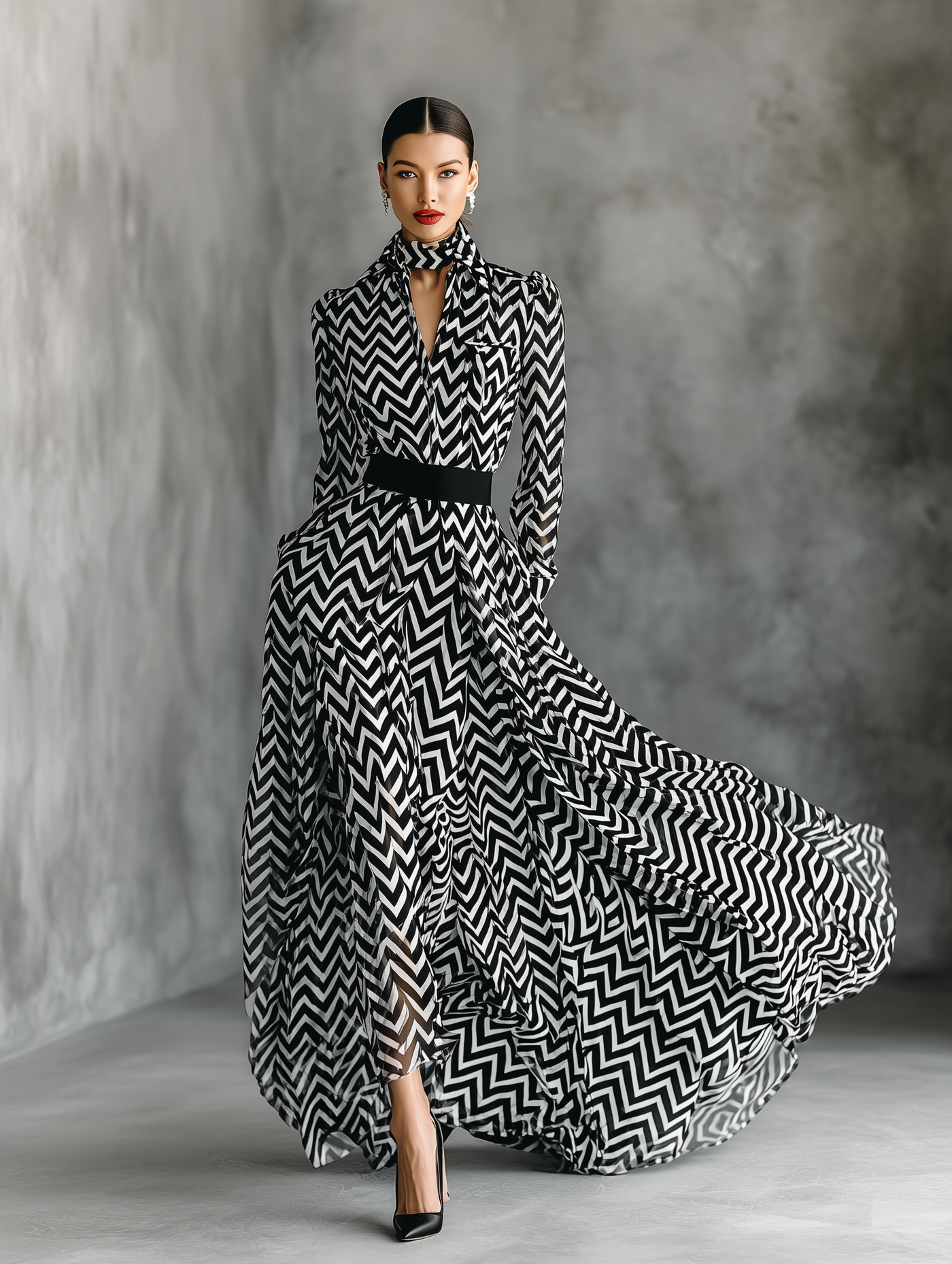 Women's Black And White Herringbone Chiffon Tie-Up Maxi Dress