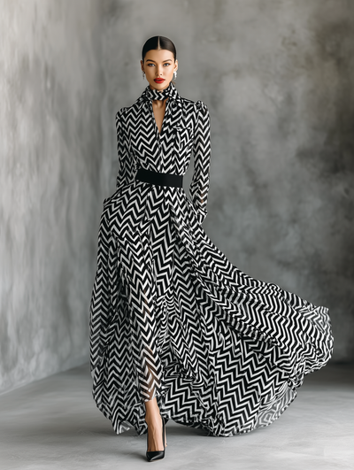 Women's Black And White Herringbone Chiffon Tie-Up Maxi Dress