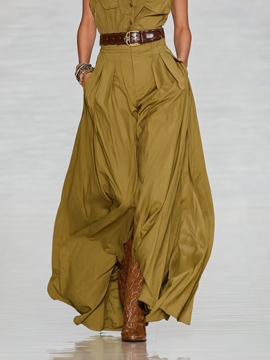 Women's Cotton Blend Lapel Single-breasted Short-sleeved Shirt Maxi Dress