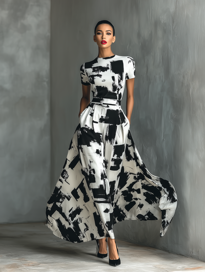 Women's Abstract Print Short Sleeve Maxi Dress