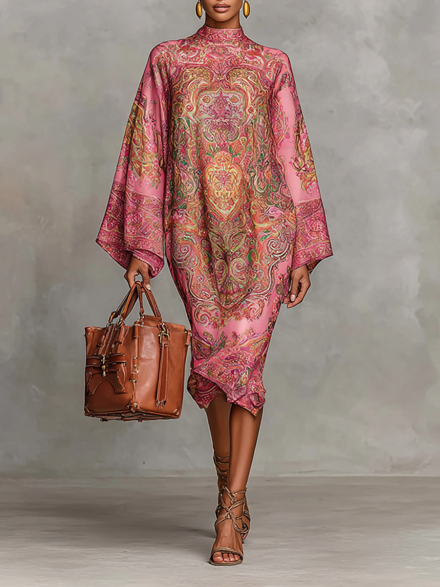 Women's Paisley Print Round Neck Trumpet Long Sleeve Loose Midi Dress