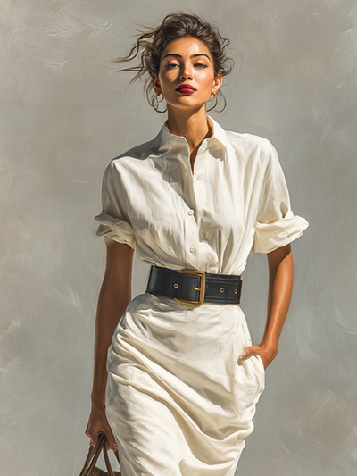 Ladies Solid Color Lapel Short Sleeve Belt Midi Dress