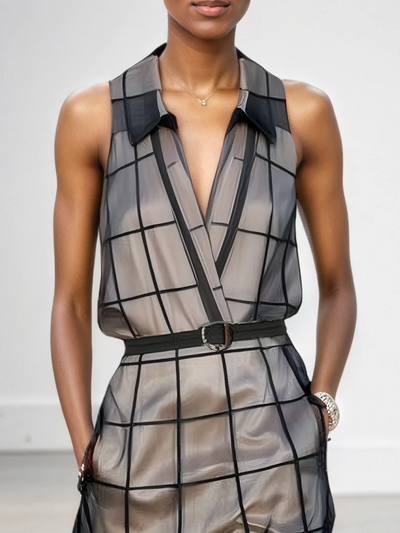 Women's Checkered Tulle Lapel Sleeveless Belted Maxi Dress