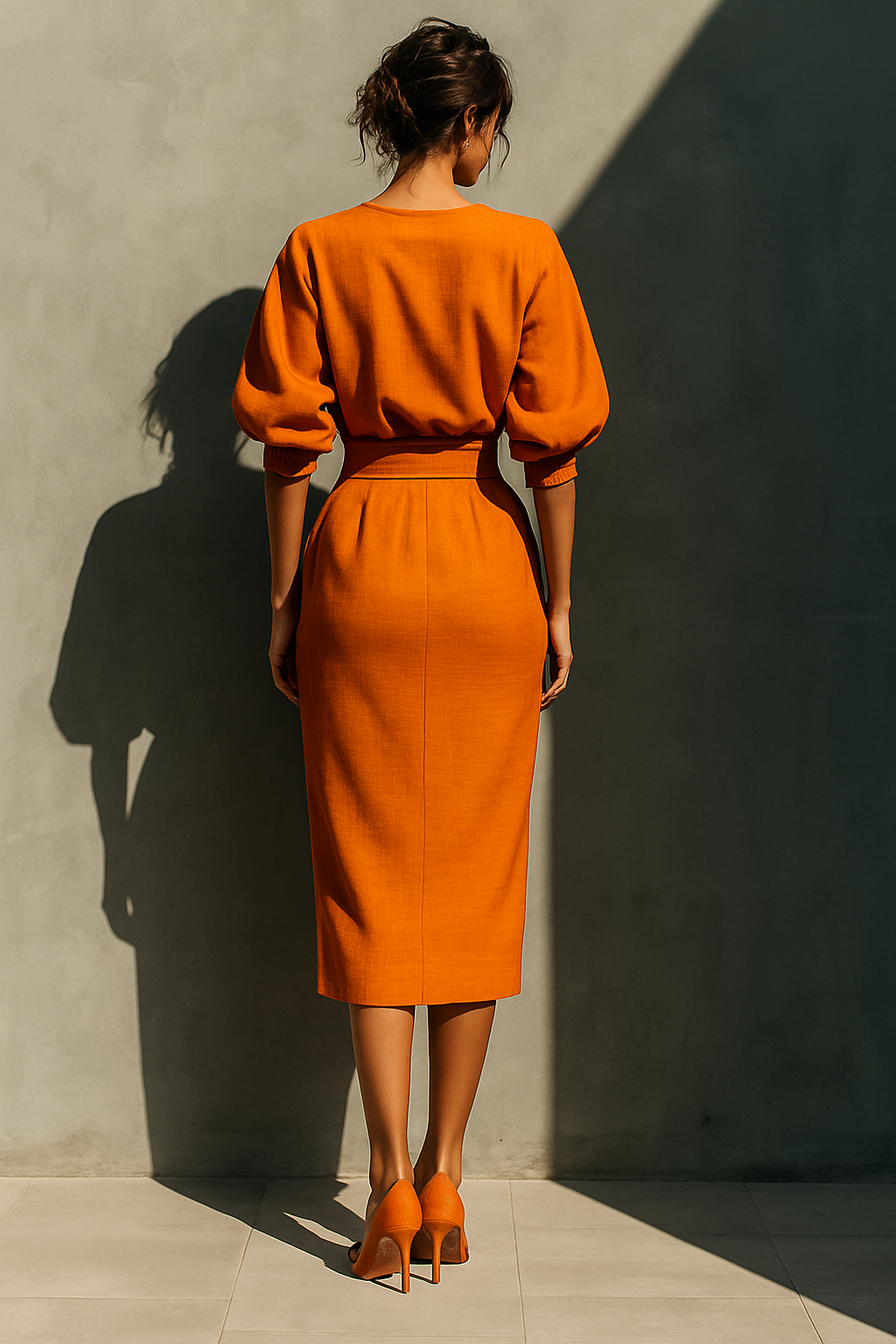 Ladies Orange Cotton-Linen Blend Vibrant Midi Skirt Set