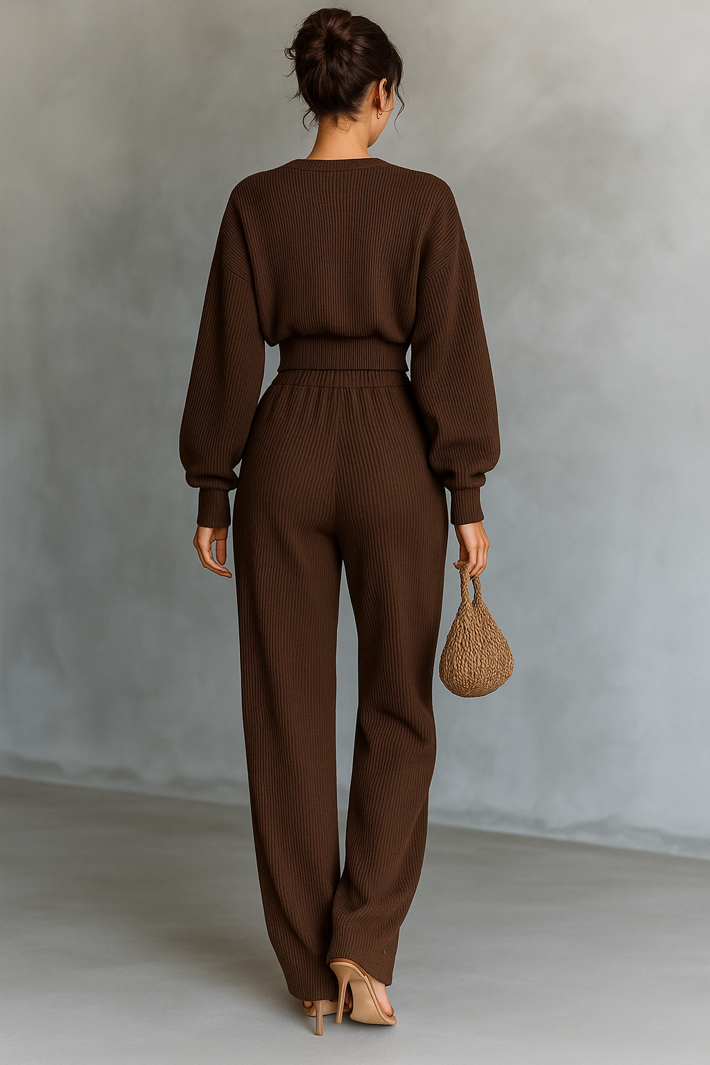 Women's Coffee-colored Short Top And Wide-leg Pants Knitted Set