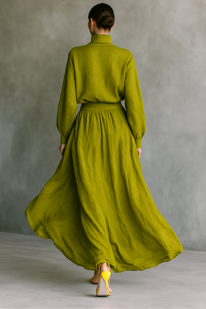 Women's Green Turtleneck Cotton And Linen Blend Suit