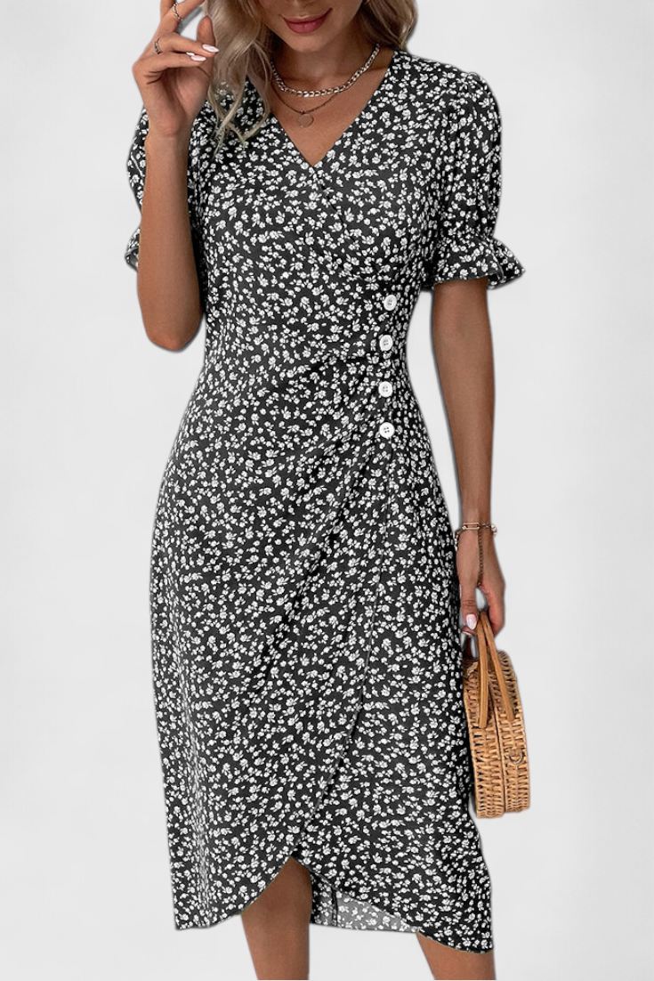 Joana | Floral Midi Dress with V-Neckline and Short Sleeves