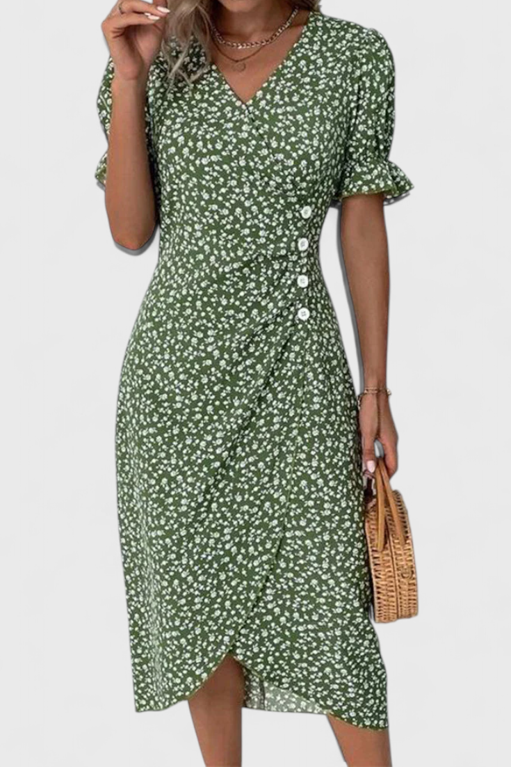 Joana | Floral Midi Dress with V-Neckline and Short Sleeves