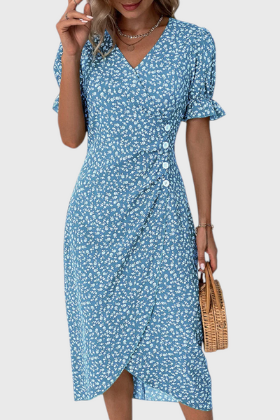 Joana | Floral Midi Dress with V-Neckline and Short Sleeves