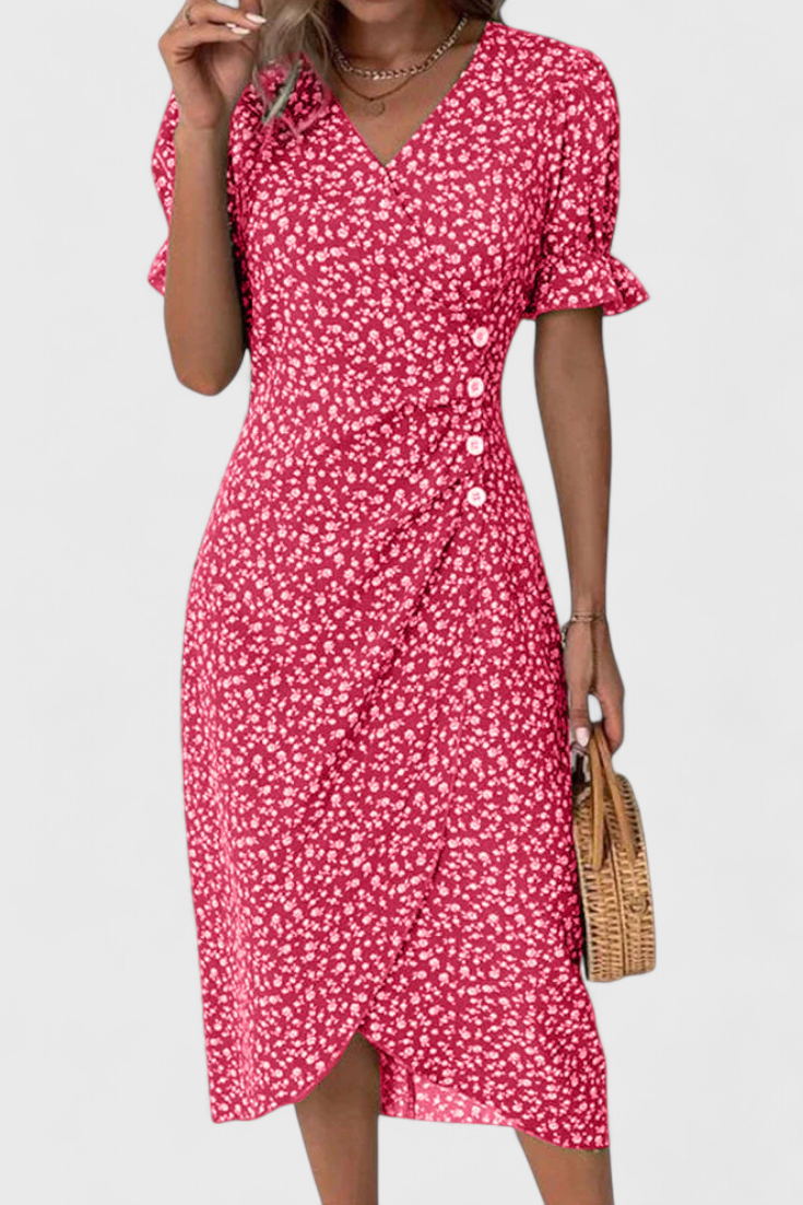 Joana | Floral Midi Dress with V-Neckline and Short Sleeves