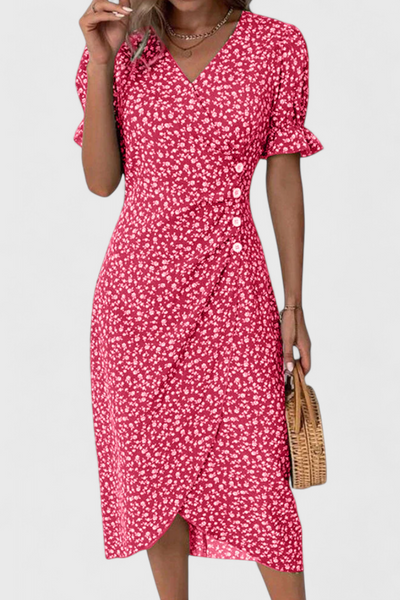 Joana | Floral Midi Dress with V-Neckline and Short Sleeves