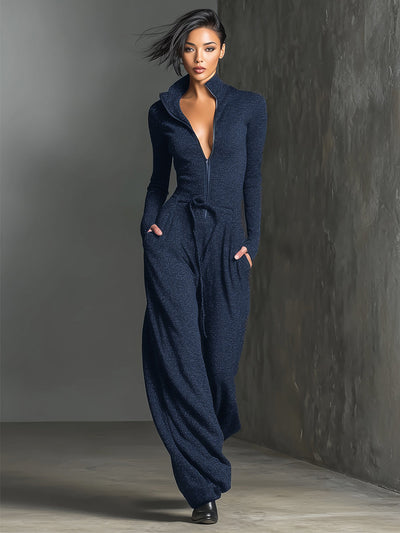 Women's Elegant Knit Sparkling Zipper Front Jumpsuit